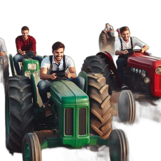 car, concept art, 3d render, photorealistic, five, men, operate, tractors transparent PNG cut-out