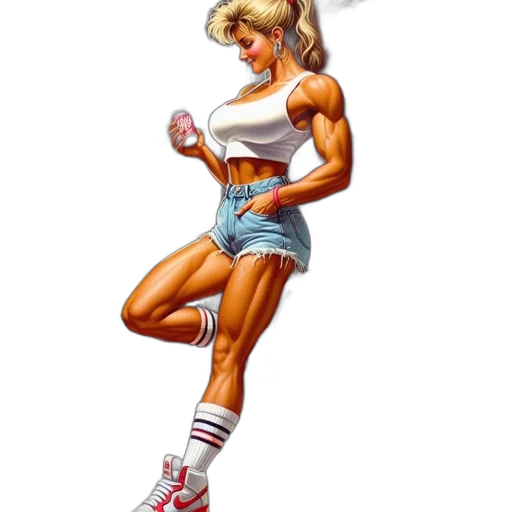 comic book art, concept art, pixel art, photorealistic, muscular, woman, shorts, sneakers transparent PNG cut-out
