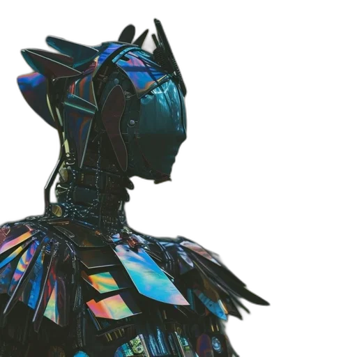 robot, mask, dress, jacket, cyberpunk, concept art, 3d render, vaporwave transparent PNG cut-out