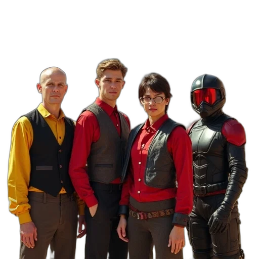 jacket, staff, concept art, outer space, red, group, four, individuals transparent PNG cut-out