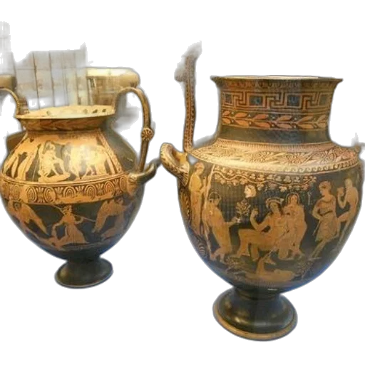 3d render, two, ancient, greek, vases, intricate, designs, display transparent PNG cut-out