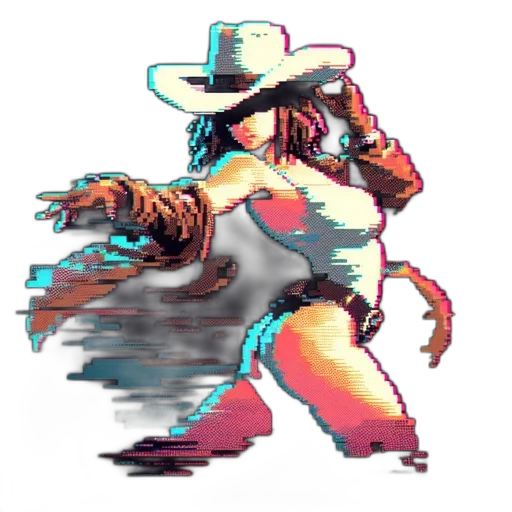 hat, robot, weapon, jacket, pixel art, vaporwave, concept art, cyberpunk transparent PNG cut-out