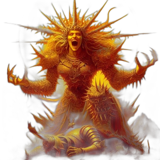 creature, concept art, fantasy art, photorealistic, comic book art, fire, golden, oversized transparent PNG cut-out