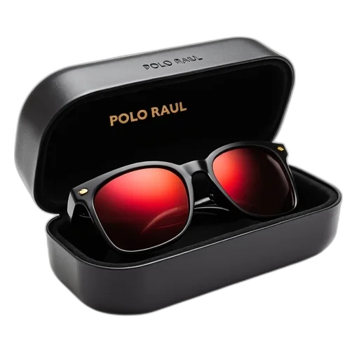 pair, sunglasses, black, frame, red-tinted, lenses, displayed, case transparent PNG cut-out