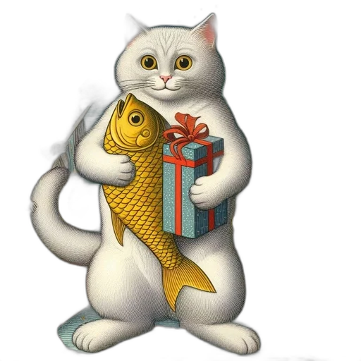 animal, pixel art, fantasy art, concept art, underwater, white, cat, fish transparent PNG cut-out