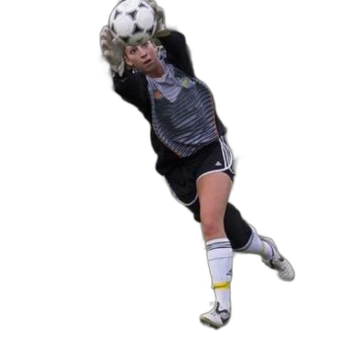 female, soccer, goalkeeper, wearing, black, white, uniform, jumping transparent PNG cut-out