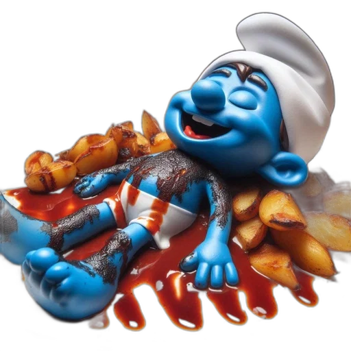 food, 3d render, photorealistic, animated, smurf, figure, lies, atop transparent PNG cut-out