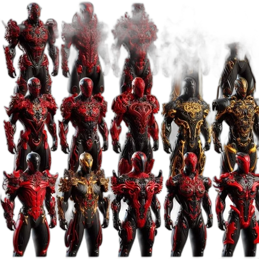 concept art, 3d render, red, array, futuristic, armored, figures, vibrant transparent PNG cut-out