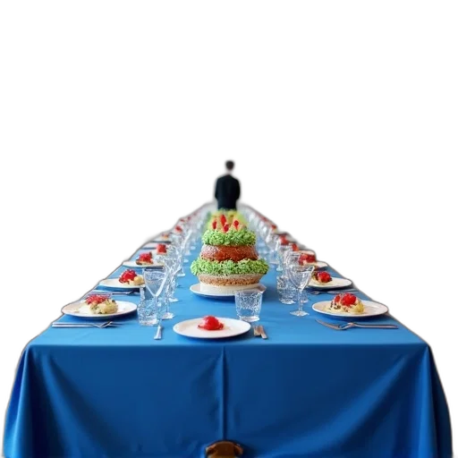 food, crown, staff, 3d render, banquet, hall, long, blue transparent PNG cut-out