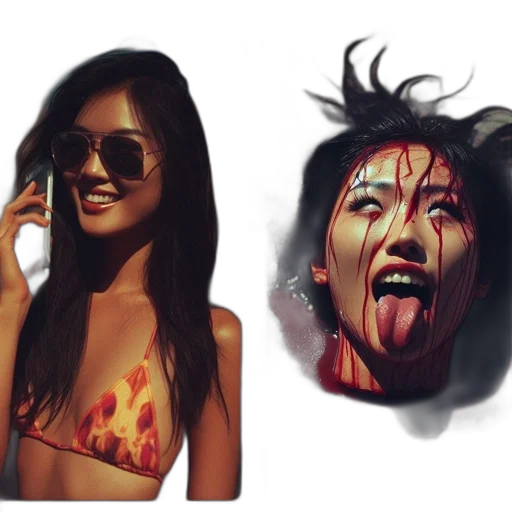 concept art, photorealistic, comic book art, 3d render, two, contrasting, scenes, smiling transparent PNG cut-out