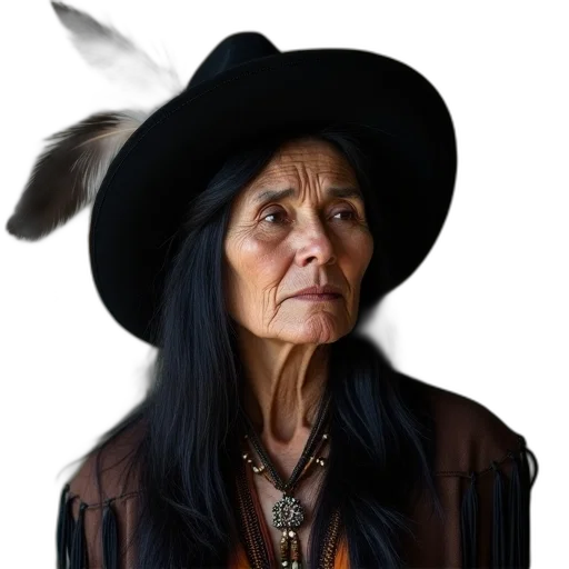 hat, staff, face, jewelry, photorealistic, old, native, woman transparent PNG cut-out