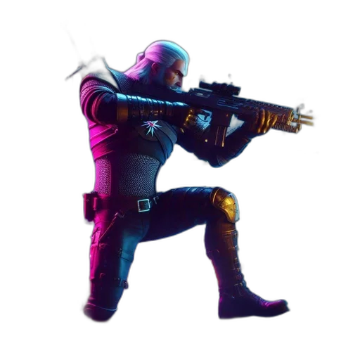 weapon, robot, staff, jacket, concept art, 3d render, cyberpunk, pixel art transparent PNG cut-out