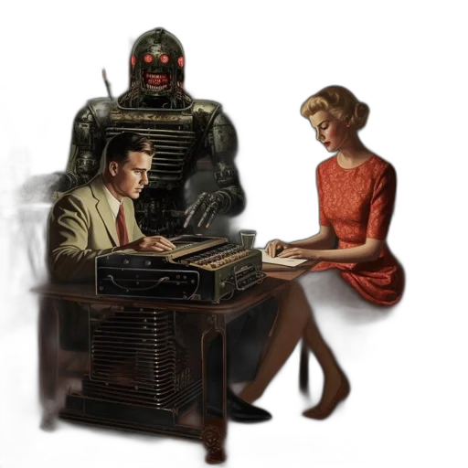 robot, furniture, concept art, comic book art, cyberpunk, outer space, fire, vintage-styled transparent PNG cut-out