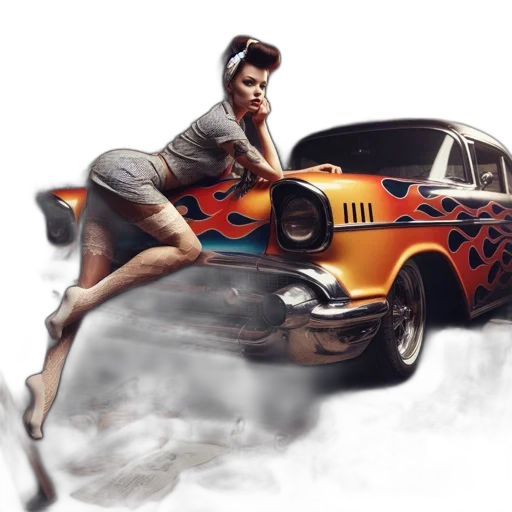 car, dress, concept art, photorealistic, comic book art, fantasy art, fire, woman transparent PNG cut-out