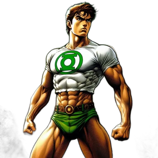 comic book art, concept art, cartoon, photorealistic, green, muscular, man, wearing transparent PNG cut-out