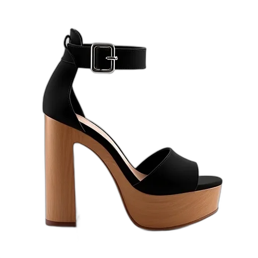 shoes, 3d render, black, high-heeled, sandal, metallic, buckle, wooden transparent PNG cut-out