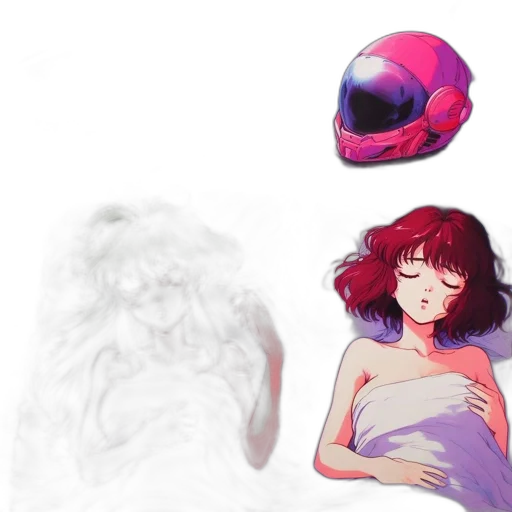 creature, mask, hat, hair, concept art, vaporwave, anime, watercolor transparent PNG cut-out