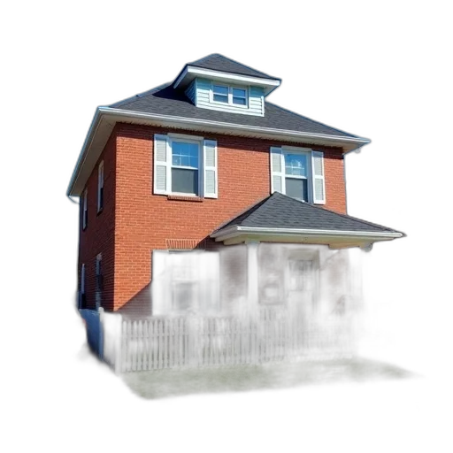 building, umbrella, furniture, 3d render, photorealistic, two-story, brick, house transparent PNG cut-out