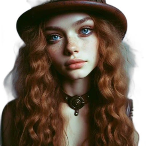 hat, face, jewelry, hair, photorealistic, fantasy art, oil painting, concept art transparent PNG cut-out