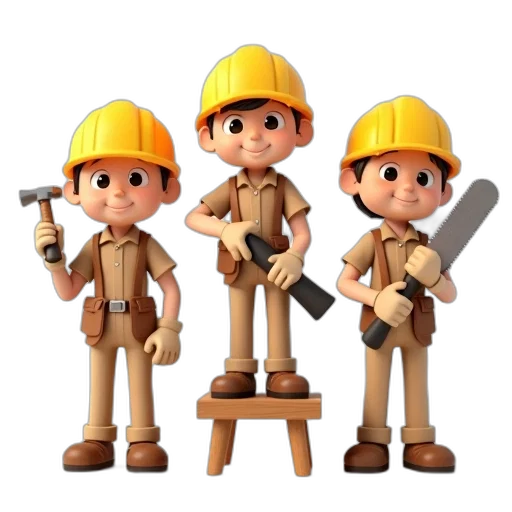 staff, 3d render, first, image, shows, three, cartoon-style, characters transparent PNG cut-out