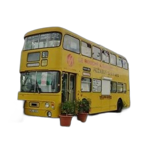 3d render, photorealistic, concept art, yellow, double-decker, bus, bouche, mouche transparent PNG cut-out