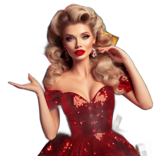 dress, photorealistic, cartoon, woman, sporting, blonde, curls, wears transparent PNG cut-out