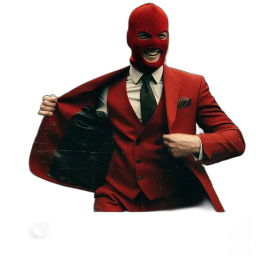 jacket, mask, hat, face, concept art, comic book art, 3d render, red transparent PNG cut-out