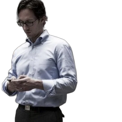 staff, man, blue, shirt, checks, his, phone, while transparent PNG cut-out