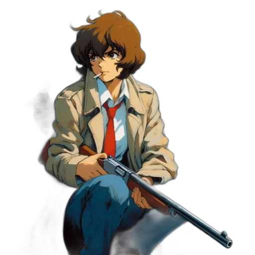 jacket, weapon, staff, concept art, anime, pixel art, cartoon, young transparent PNG cut-out
