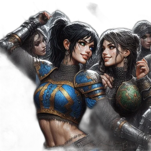 sword, fantasy art, concept art, comic book art, photorealistic, group, female, warriors transparent PNG cut-out