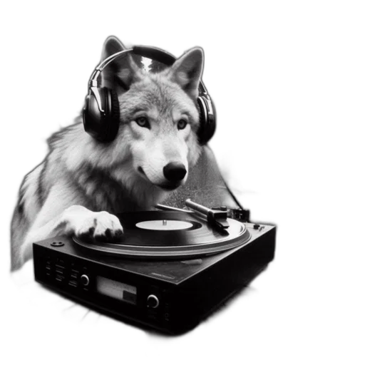 animal, photorealistic, monochrome, forest, setting, wolf, wears, headphones transparent PNG cut-out