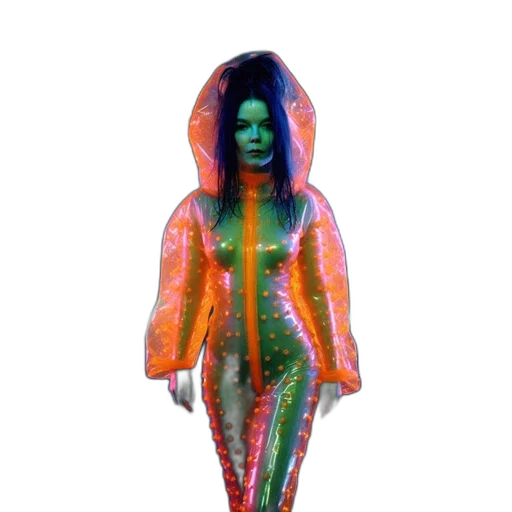 dress, jacket, creature, hair, 3d render, concept art, vaporwave, pixel art transparent PNG cut-out