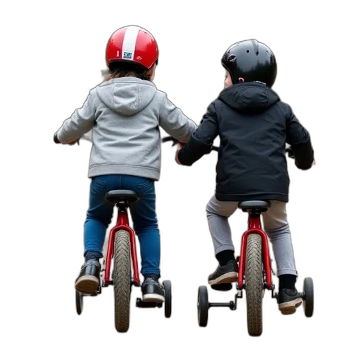 two, children, riding, red, bicycle, training, wheels, down transparent PNG cut-out
