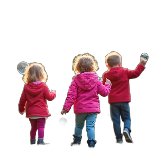 jacket, hat, 3d render, photorealistic, group, children, playing, bubbles transparent PNG cut-out