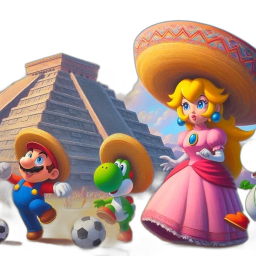 hat, dress, concept art, 3d render, mario, yoshi, peach, portrayed transparent PNG cut-out