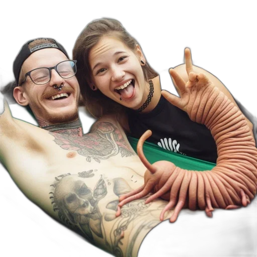 bottle, crown, creature, jacket, photorealistic, two, people, relax transparent PNG cut-out
