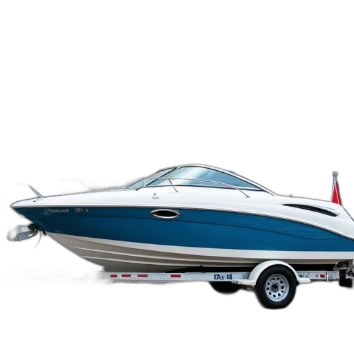 white, blue, speedboat, parked, outside, building, striped, door transparent PNG cut-out