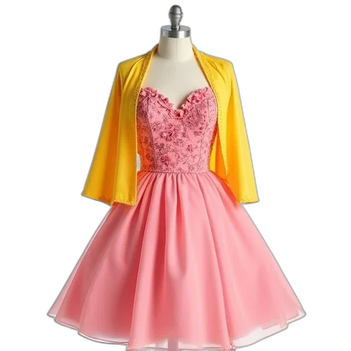 dress, 3d render, pink, matching, yellow, shawl, displayed, against transparent PNG cut-out