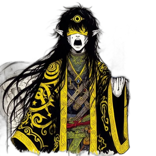 mask, staff, concept art, fantasy art, anime, comic book art, monochrome, dark transparent PNG cut-out