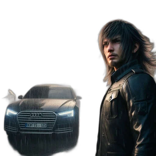 car, jacket, hair, weapon, concept art, photorealistic, 3d render, fantasy art transparent PNG cut-out