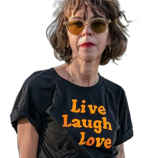 dress, woman, wearing, sunglasses, black, t-shirt, orange, yellow transparent PNG cut-out