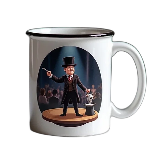 white, ceramic, mug, cartoon, image, man, suit, top transparent PNG cut-out