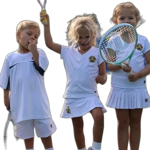 three, young, children, white, tennis, outfits, stand, court transparent PNG cut-out