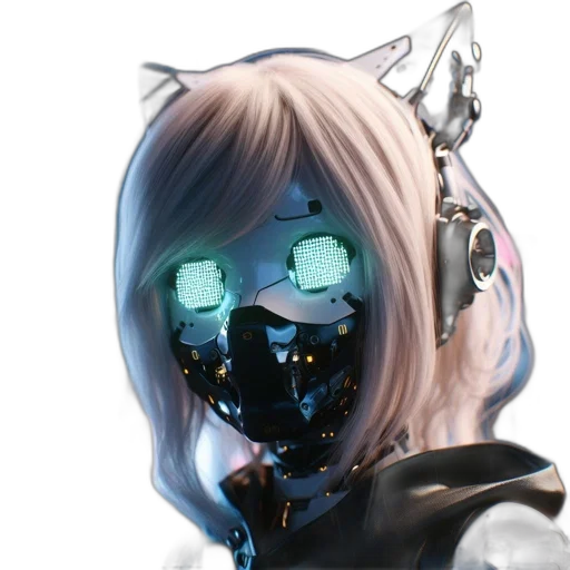 mask, robot, face, staff, cyberpunk, concept art, anime, 3d render transparent PNG cut-out