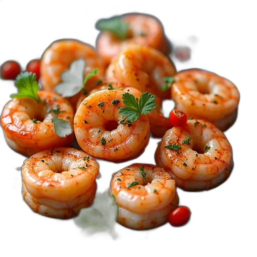 food, 3d render, photorealistic, plate, shrimp, variety, seasonings, garnishes transparent PNG cut-out