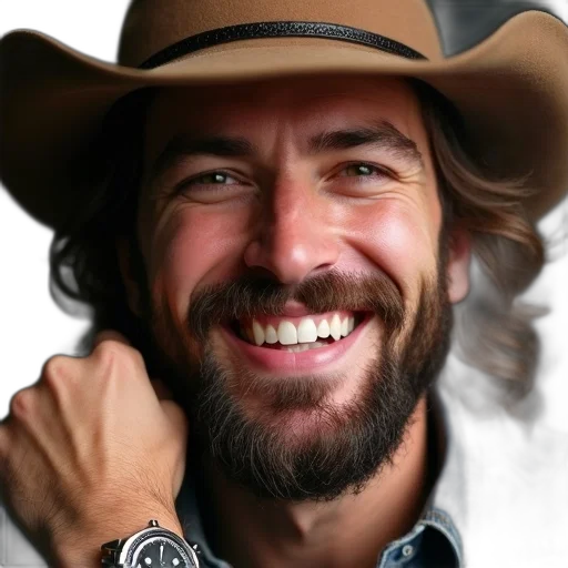 hat, hair, photorealistic, close-up, man, face, wide, smile transparent PNG cut-out