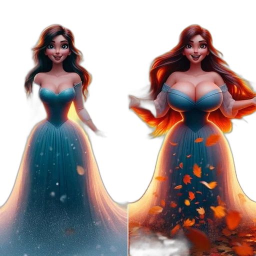 dress, fantasy art, concept art, 3d render, comic book art, fire, two, illustrations transparent PNG cut-out