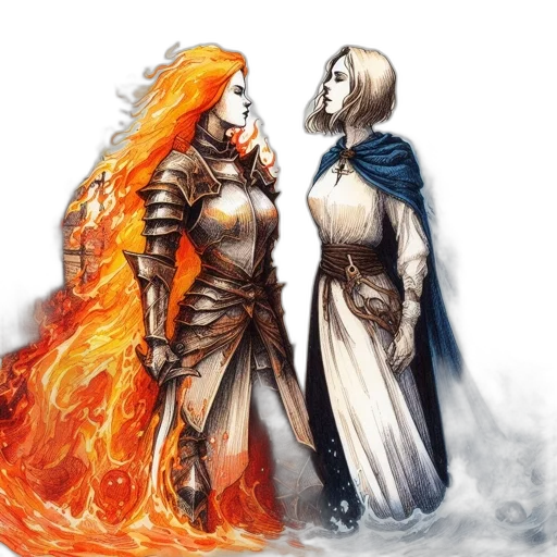fantasy art, concept art, comic book art, pixel art, fire, snow, monochrome, golden transparent PNG cut-out