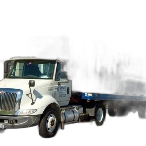 photorealistic, sysco, delivery, truck, parked, front, building, blue transparent PNG cut-out