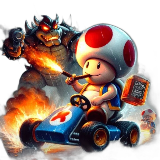 concept art, fantasy art, pixel art, fire, image, depicts, toad, mario transparent PNG cut-out